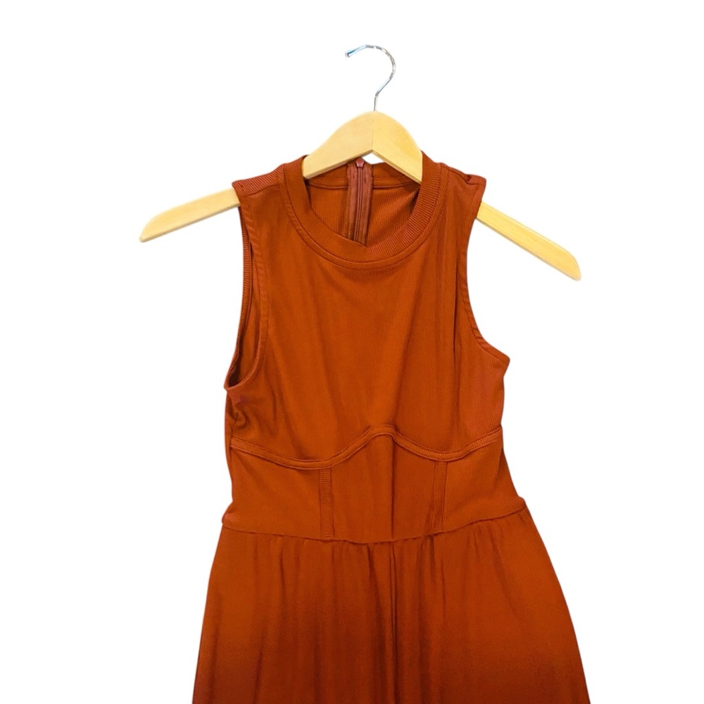 Cider Solid Sleeveless Rust Corset Waist Wide Leg Sleeveless Ribbed Jumpsuit S - Picture 4 of 7
